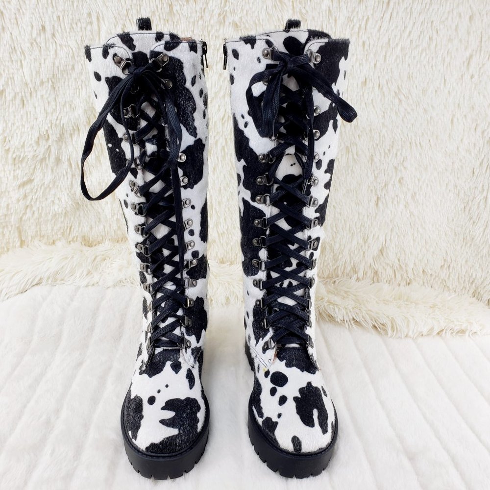 Savage Cow Combat Lace Up Knee Boots Faux Cow Print Brand New - Picture 13 of 17